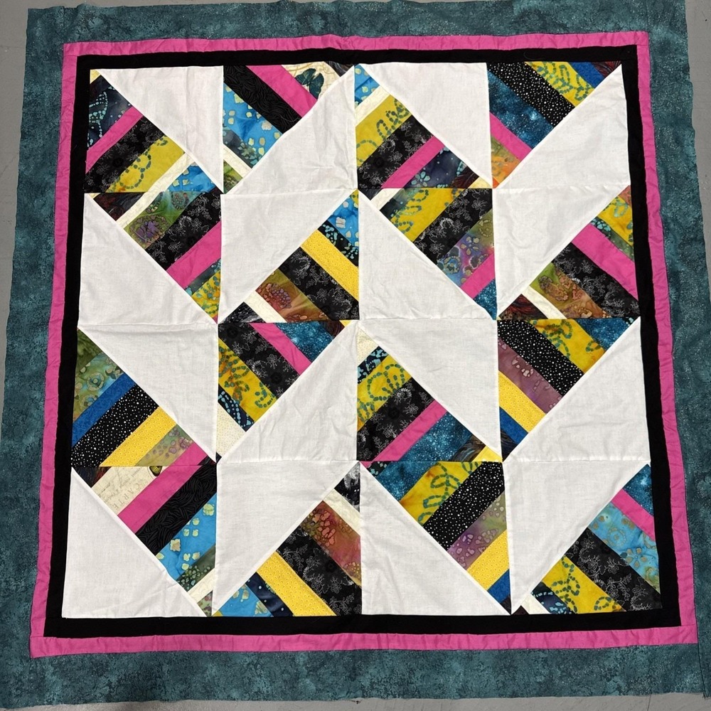 Quilt Topper Unfinished Grandma Made Vibrant Grid‎ 44X44" Lap Blanket